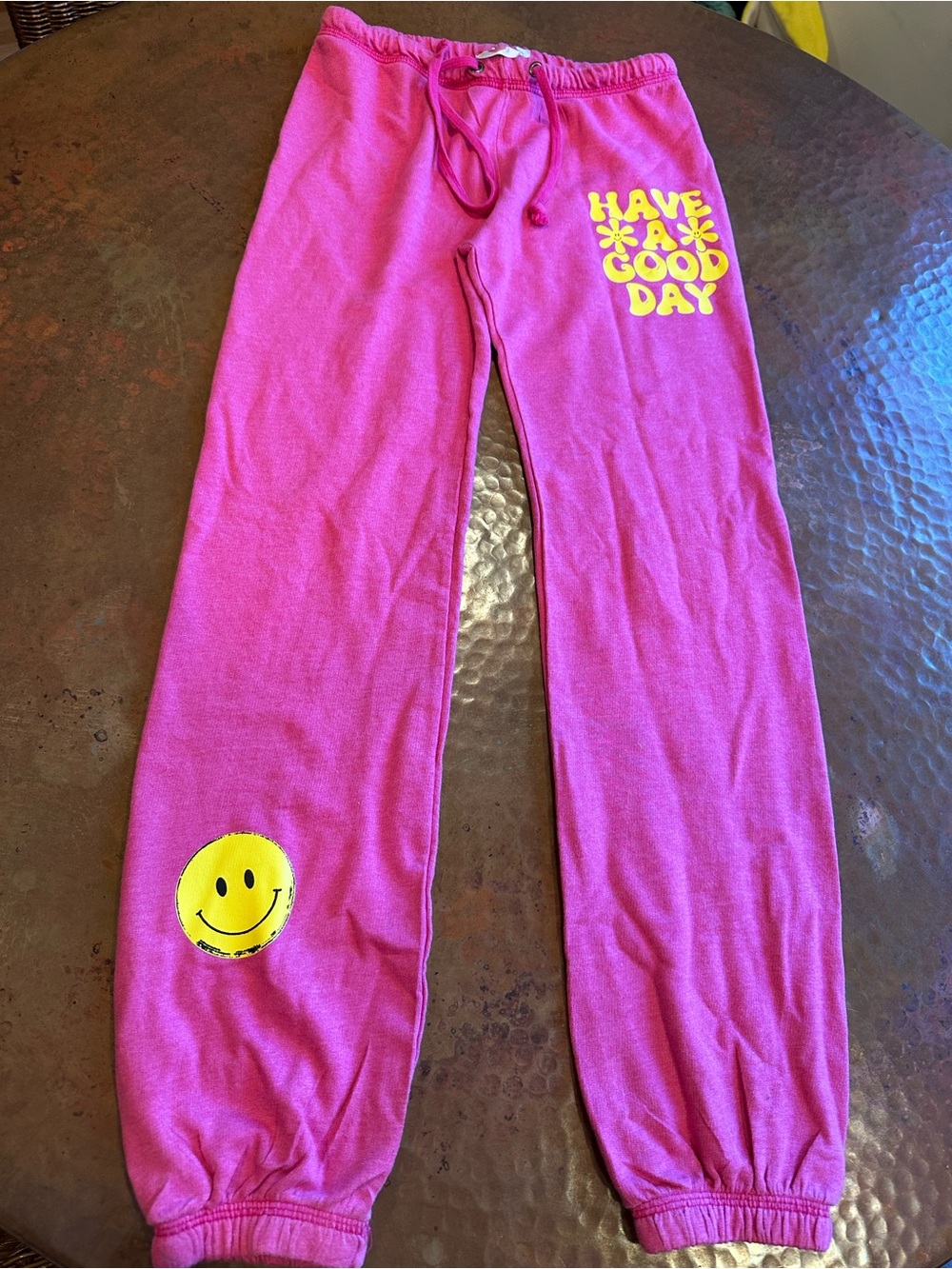 Lucy Hot Pink Girls Sweatpants with Yellow 'Have a Good Day' Graphic. Size L